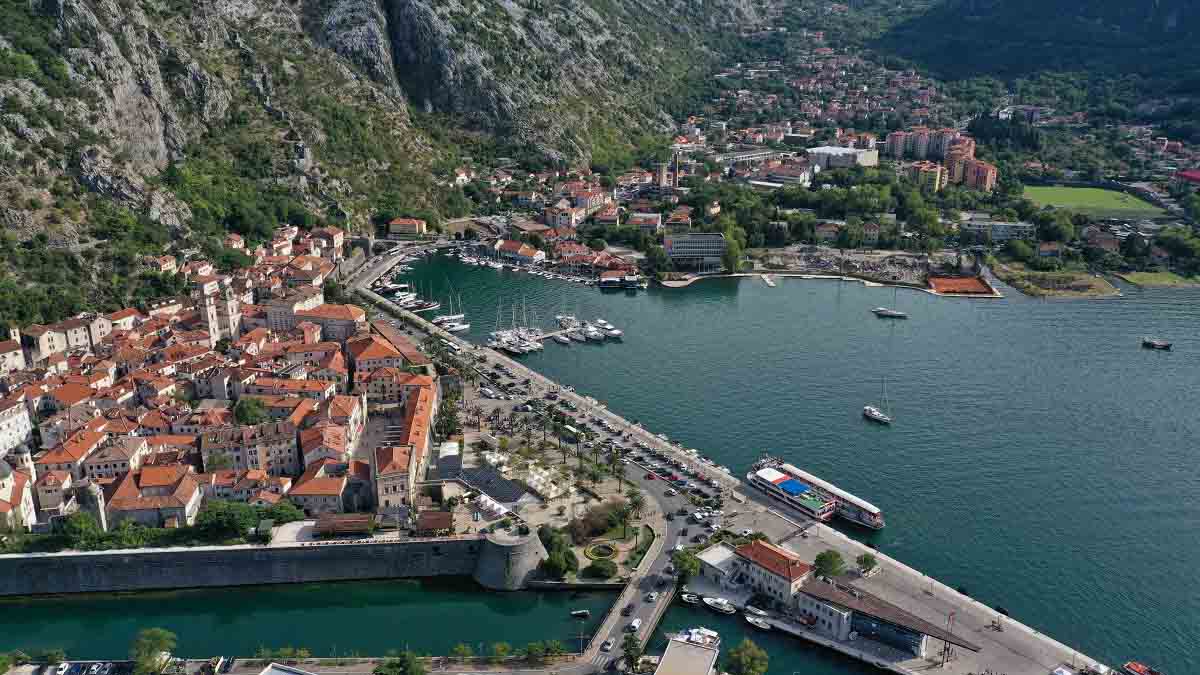 Kotor old town, with Kotor marina next to it. It is a favourite destination for all yachts and tourists, with its walls and many historical places.